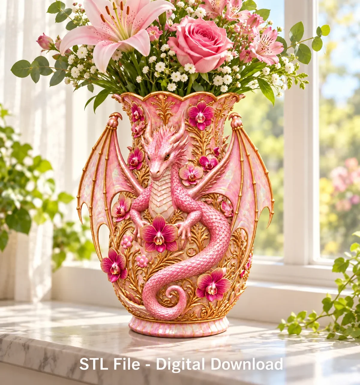 Orchid Dragon Fantasy Vase STL File for 3D Print - 3D model