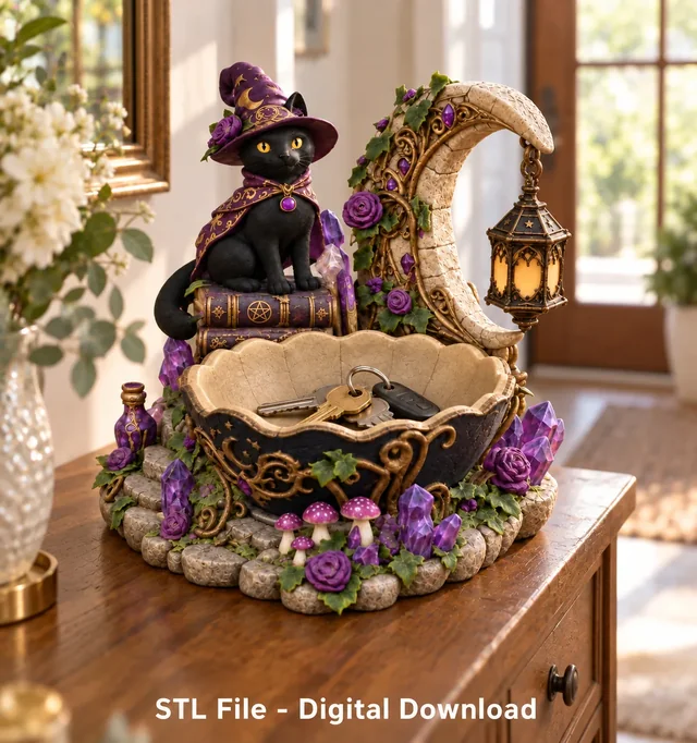 Witch Cat Crystal Bowl Organizer STL File for 3D Print 3D model by Alexandras2000