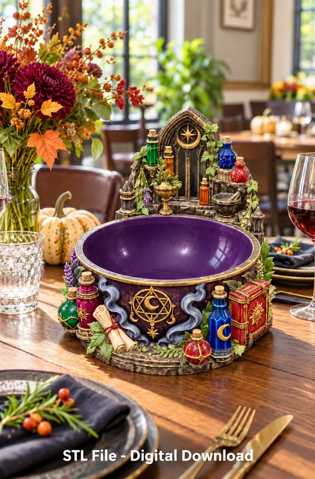 Violet Witch Cauldron Organizer with Potion Bottles STL File for 3D Print 3D model by Alexandras2000