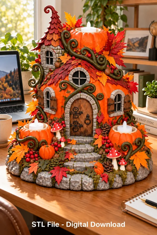 Colorful Pumpkin House LED Candle Holder STL File for 3D Print 3D model by Alexandras2000