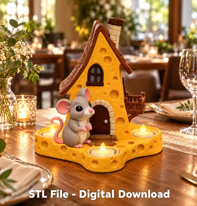 Whimsical Cheese House LED Candle Holder with Mouse STL File for 3D Print 3D model by Alexandras2000