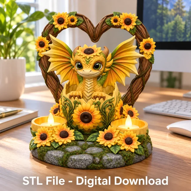 Golden Sunflower Dragon LED Tealight Holder STL File for 3D Print
