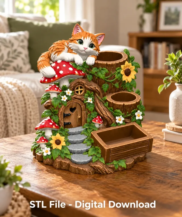 Cute Orange Cat Organizer STL File for 3D Print 3D model by Alexandras2000