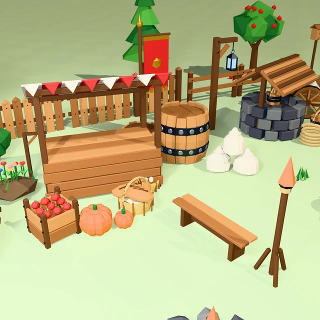 Stylized Low-Poly Props Pack – 156 Medieval Village Models (FBX, GLB, OBJ + Blender) 3D model by admine