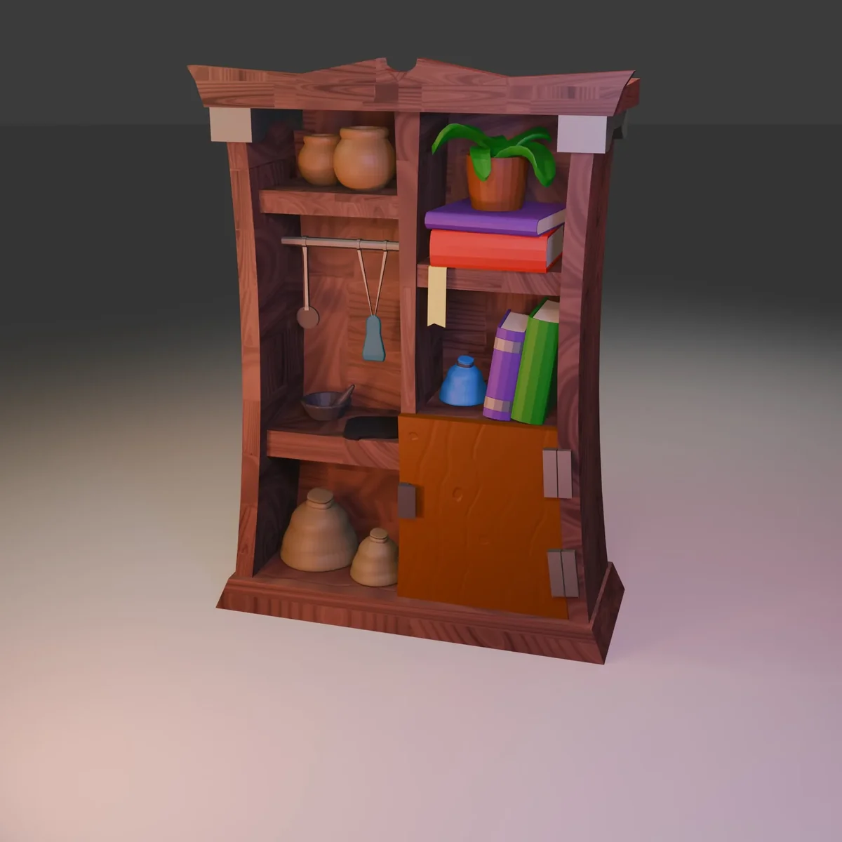 Low Poly Wooden Cabinet | Stylized Medieval Shelf | Game Ready 3D Asset - 3D model